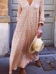 V neck long sleeve printed maxi dresses