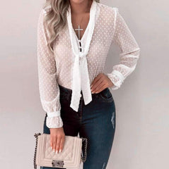 Fashion Necktie Fastener Long sleeve Blouses