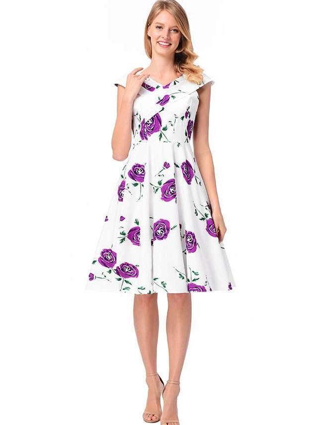 Fashion Print V neck Skater Dresses