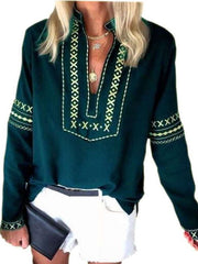 Casual Print V neck Long sleeve Blouses