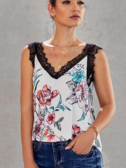 Loose Print Lace V neck Vests