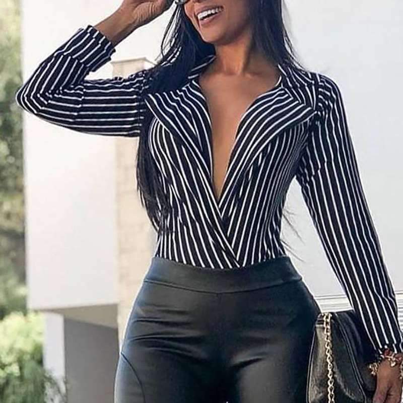 Casual Stripe Long sleeve V neck Blouses