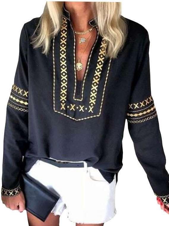 Casual Print V neck Long sleeve Blouses