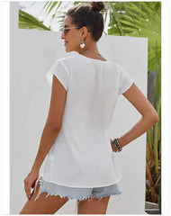 Casual Loose V neck Embroidery Short sleeve T-Shirts