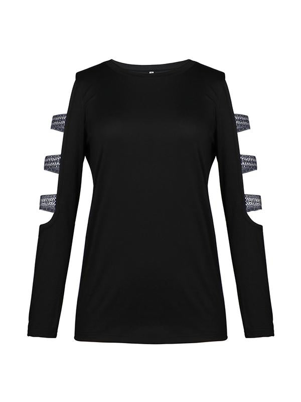 Slim round neck solid long sleeve Hollow out T-shirt