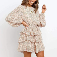 Fashion Print Round neck Long sleeve Skater Dresses