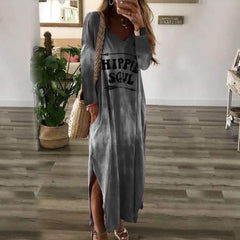 Casual Plus Print V neck Vent  Maxi Dresses