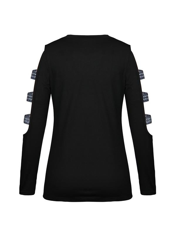 Slim round neck solid long sleeve Hollow out T-shirt