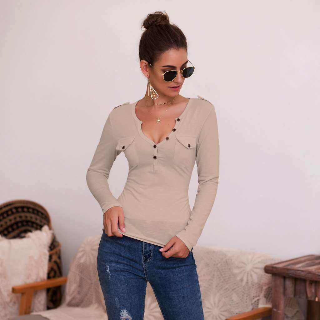 Sexy Pure V neck Fastener Long sleeve T-Shirts