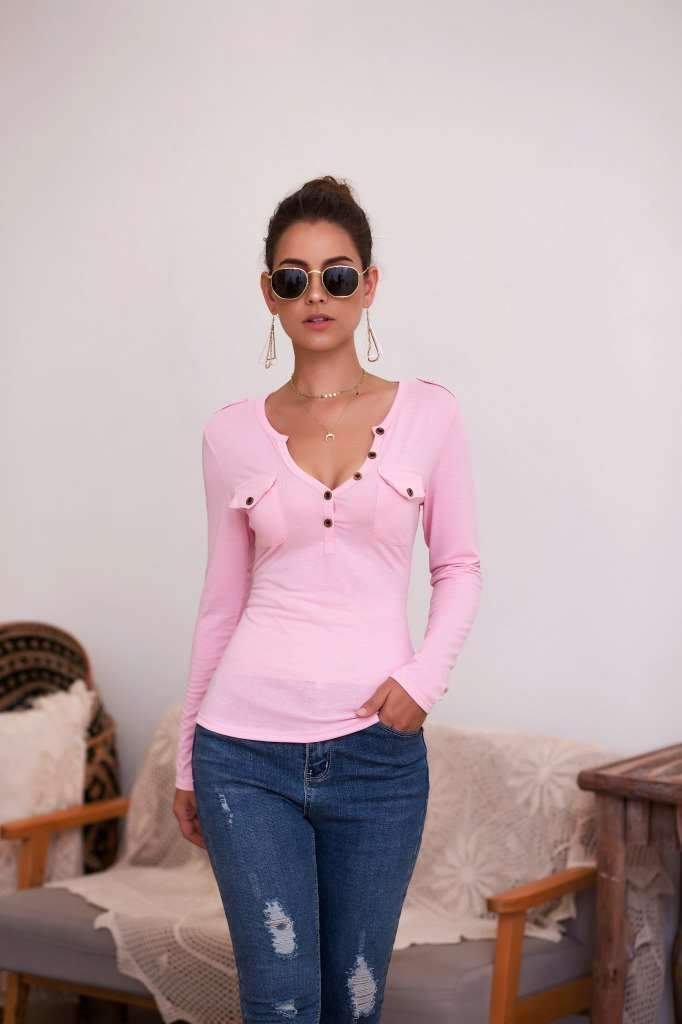 Sexy Pure V neck Fastener Long sleeve T-Shirts