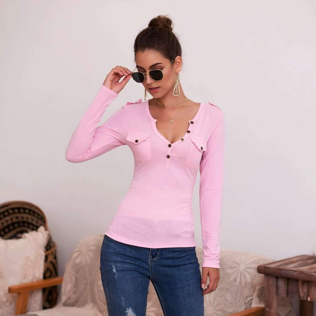 Sexy Pure V neck Fastener Long sleeve T-Shirts