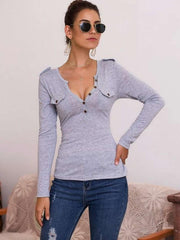 Sexy Pure V neck Fastener Long sleeve T-Shirts