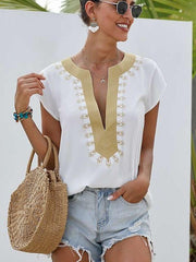 Casual Loose V neck Embroidery Short sleeve T-Shirts