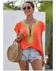 Casual Loose V neck Embroidery Short sleeve T-Shirts