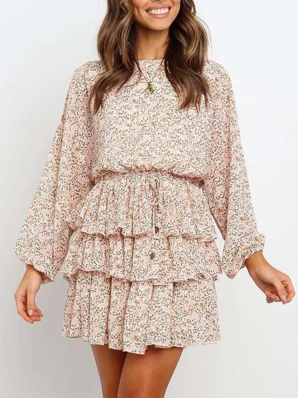 Fashion Print Round neck Long sleeve Skater Dresses