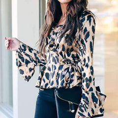 Fashion Leopard print V neck Lacing Mandarin sleeve Blouses