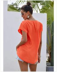 Casual Loose V neck Embroidery Short sleeve T-Shirts