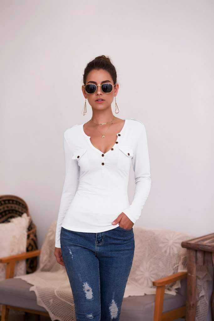 Sexy Pure V neck Fastener Long sleeve T-Shirts