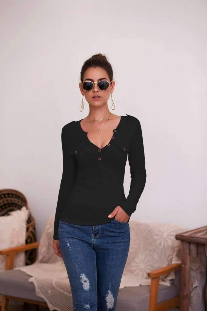 Sexy Pure V neck Fastener Long sleeve T-Shirts