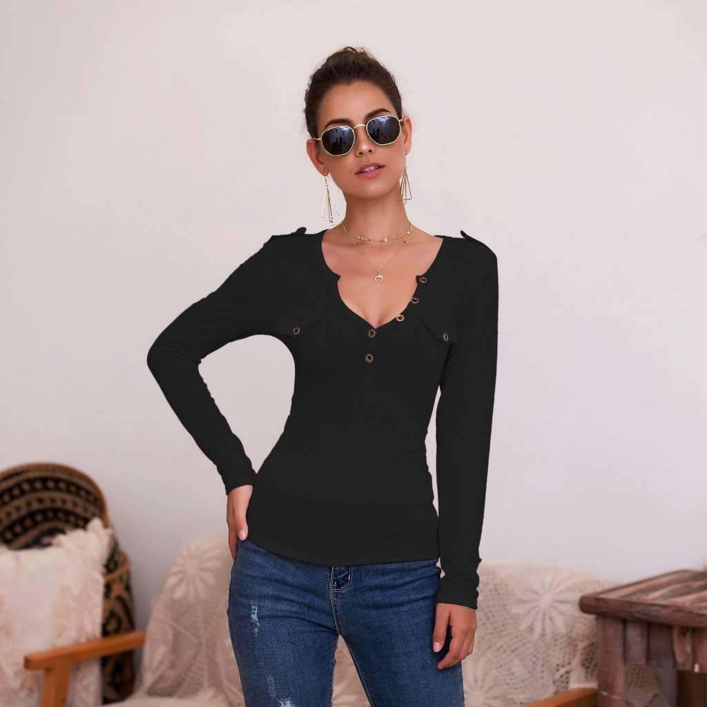 Sexy Pure V neck Fastener Long sleeve T-Shirts