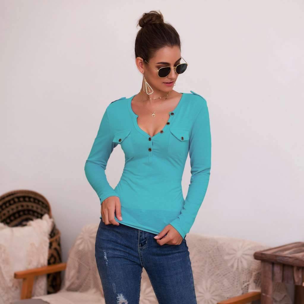 Sexy Pure V neck Fastener Long sleeve T-Shirts