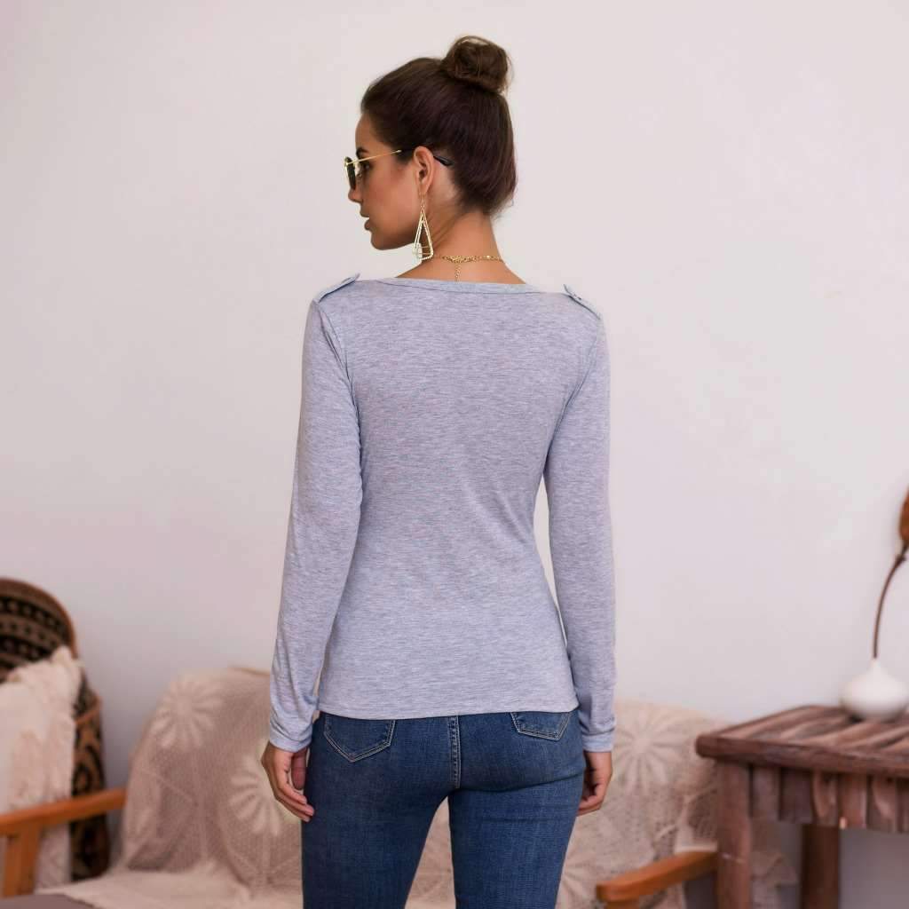 Sexy Pure V neck Fastener Long sleeve T-Shirts