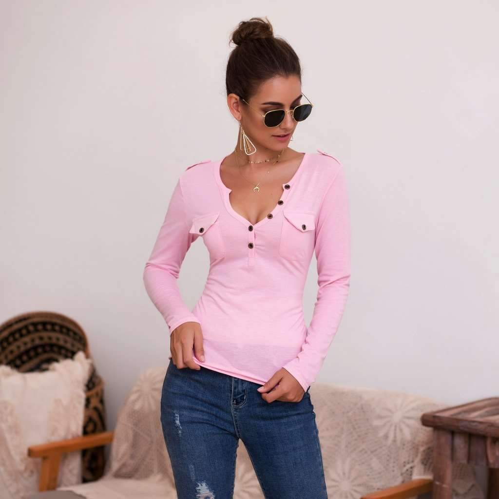 Sexy Pure V neck Fastener Long sleeve T-Shirts