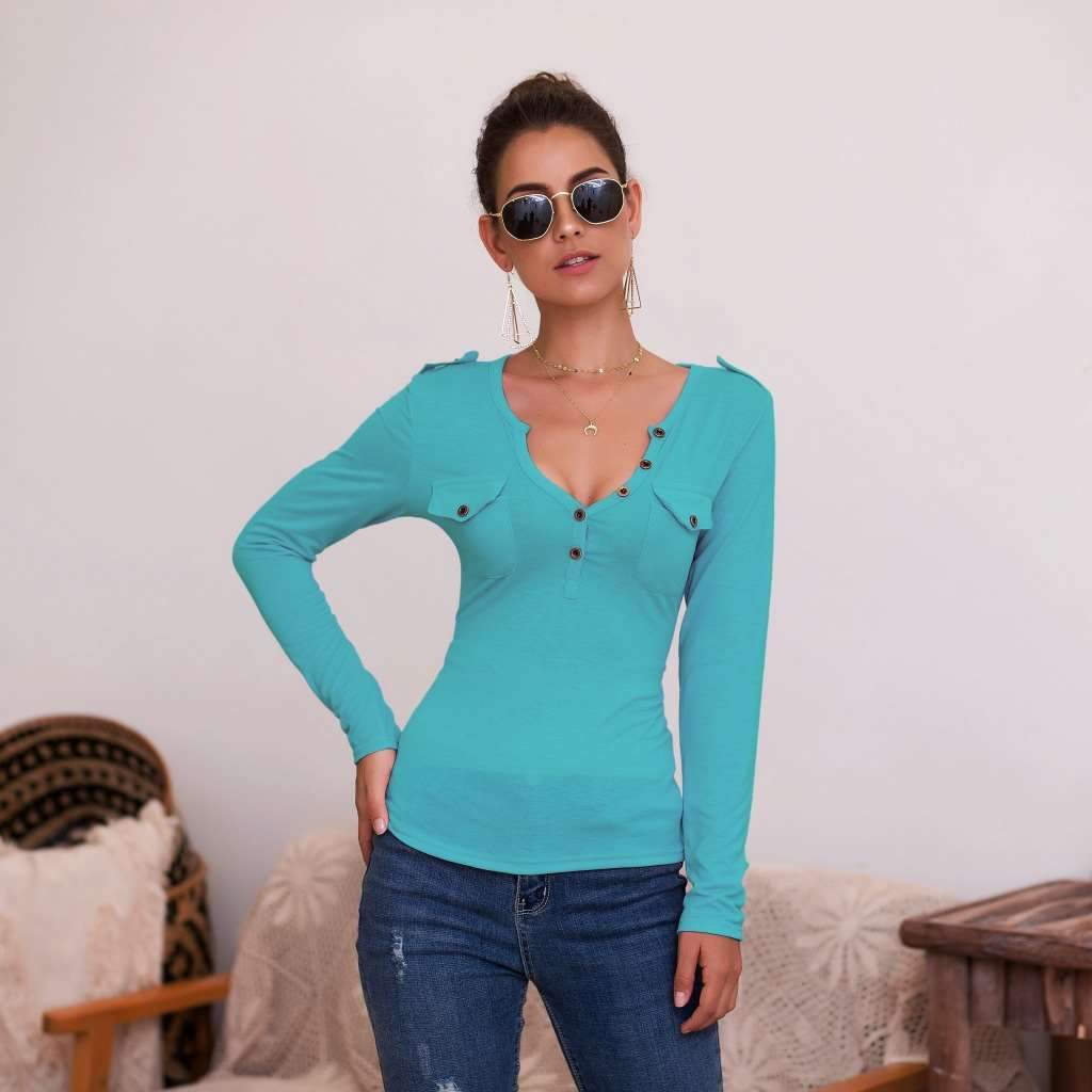 Sexy Pure V neck Fastener Long sleeve T-Shirts