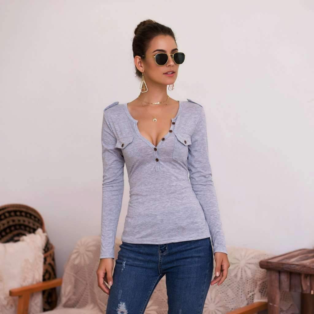 Sexy Pure V neck Fastener Long sleeve T-Shirts