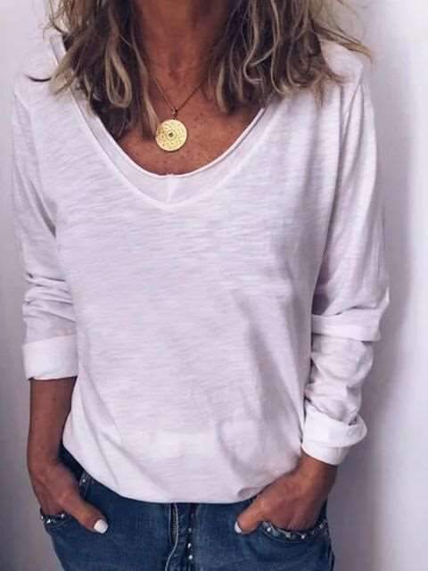 Casual Pure Long sleeve V neck T-Shirts
