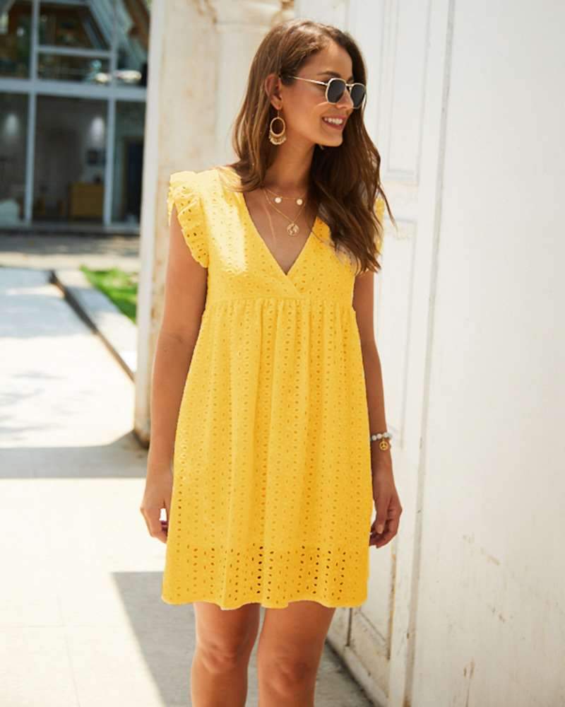 Fashion Casual Loose Hollow out V neck Falbala Shift Dresses