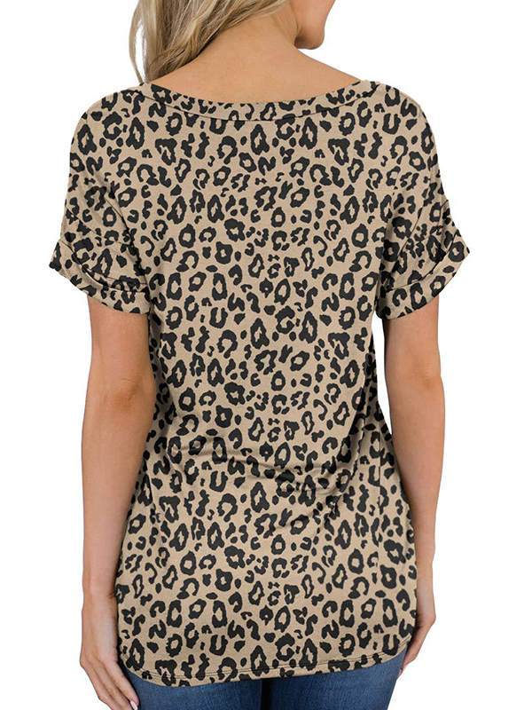 Women cotton blend leopard printed v neck T-shirts