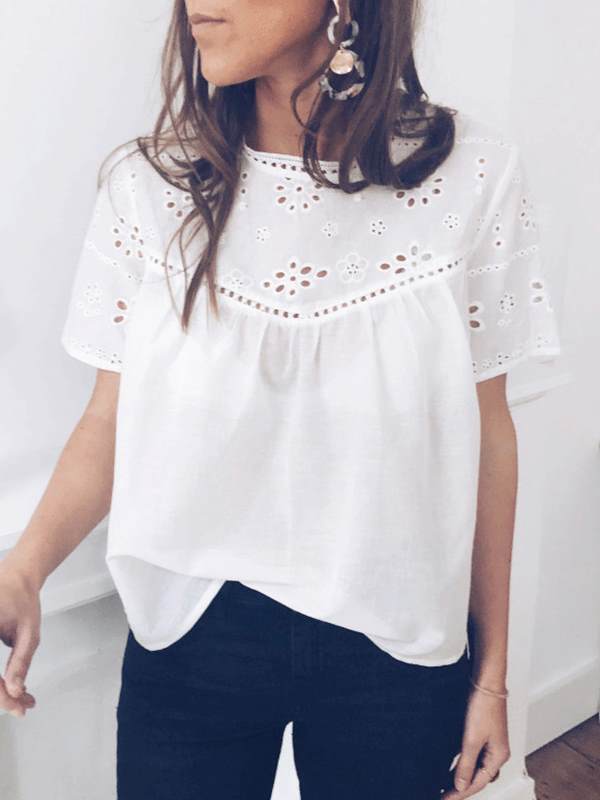 White Sweet Cutout Flower Women Casual T-shirts