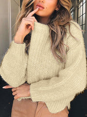 Round Neck Long Sleeve Wave Hem Knitting Sweaters