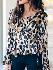 Fashion Leopard print V neck Lacing Mandarin sleeve Blouses