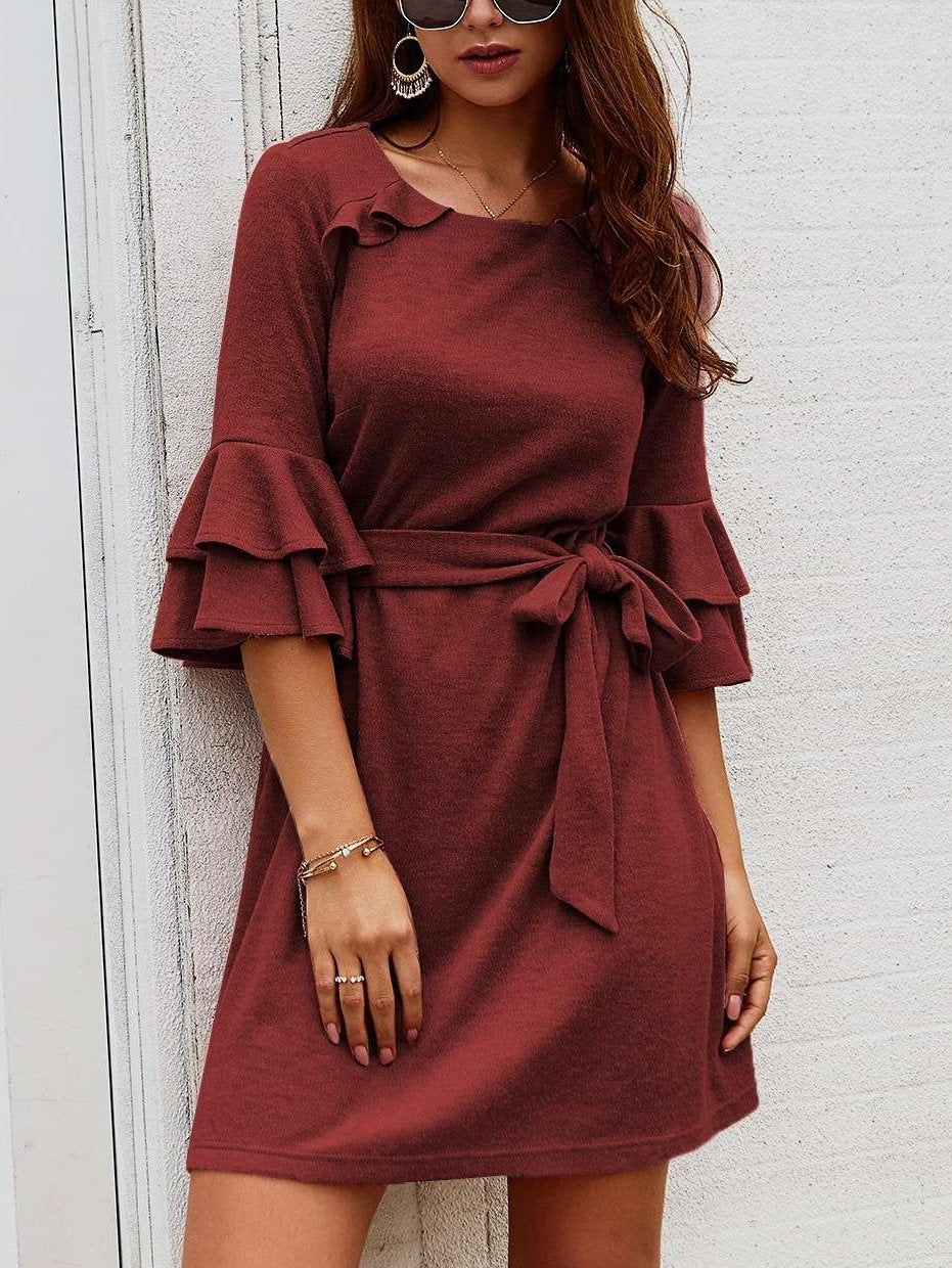 Fashion Pure Round neck  Falbala Skater Dresses