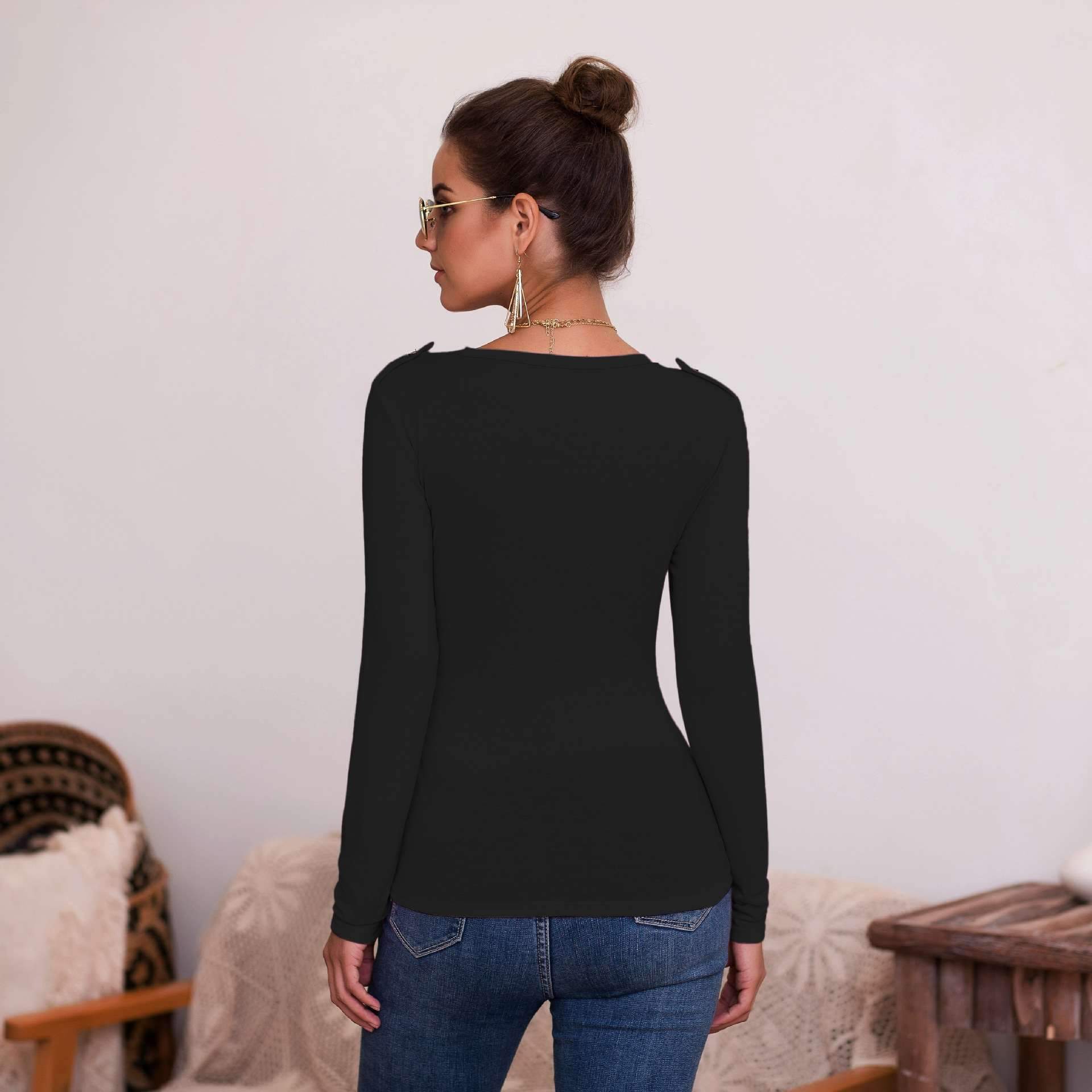 Sexy Pure V neck Fastener Long sleeve T-Shirts