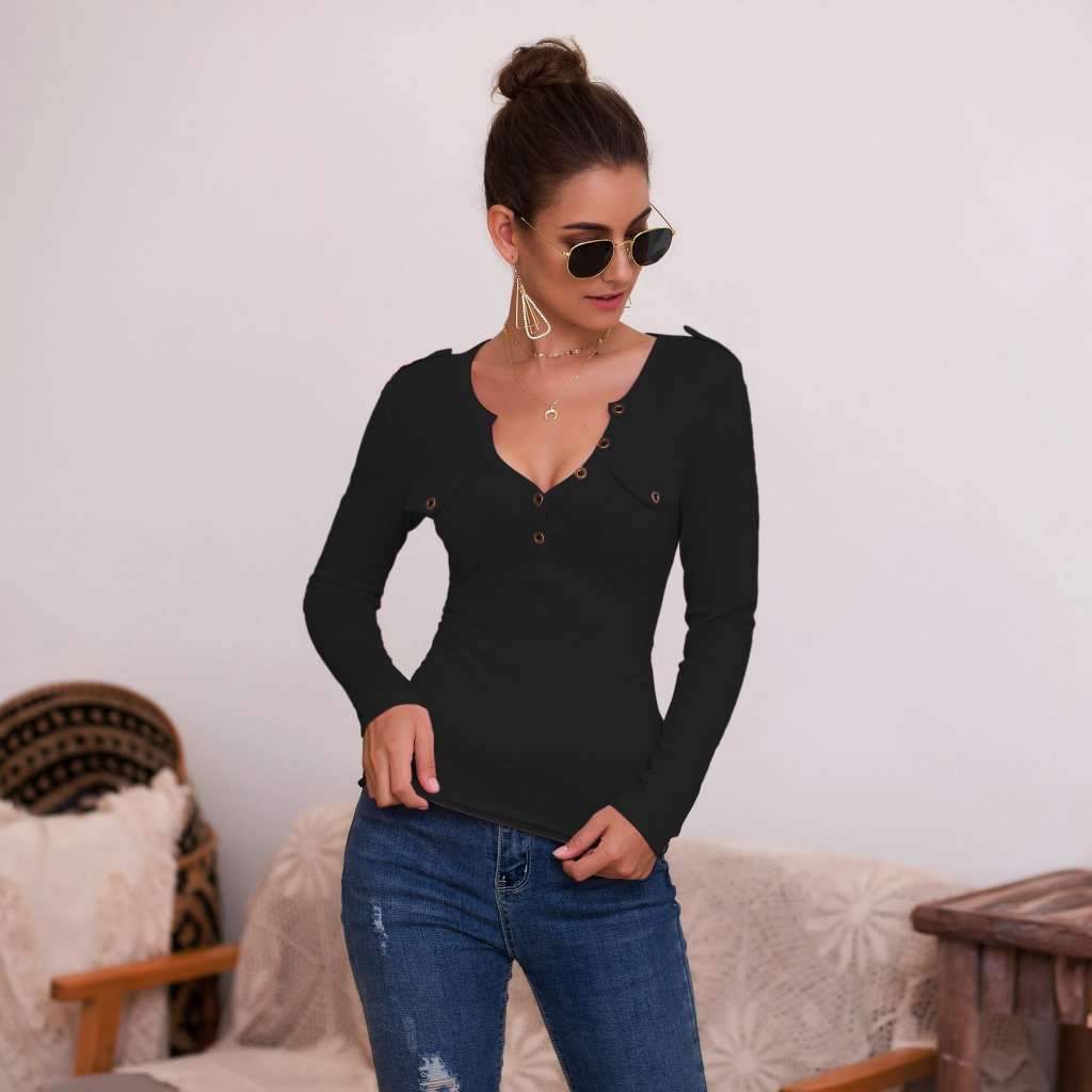 Sexy Pure V neck Fastener Long sleeve T-Shirts