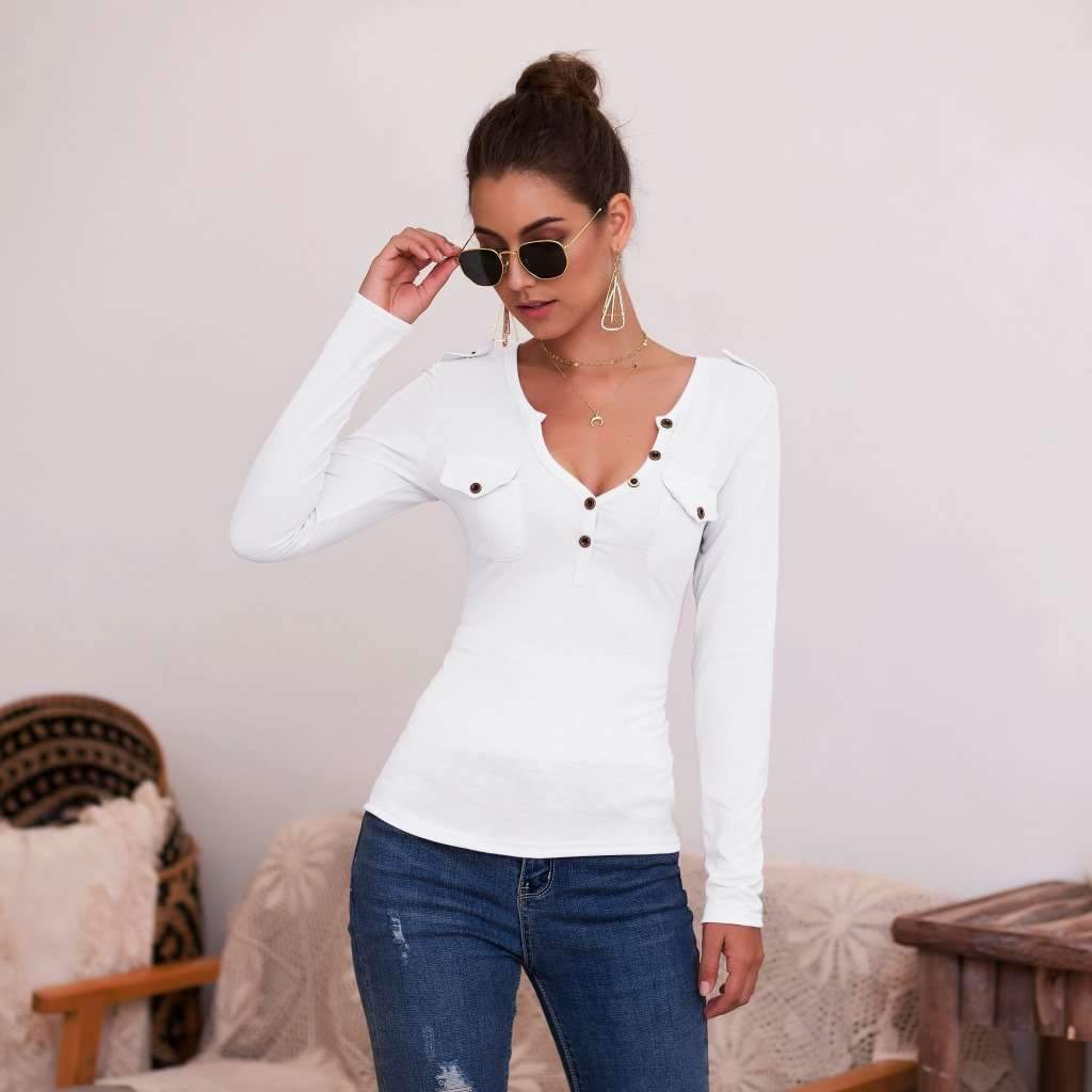 Sexy Pure V neck Fastener Long sleeve T-Shirts