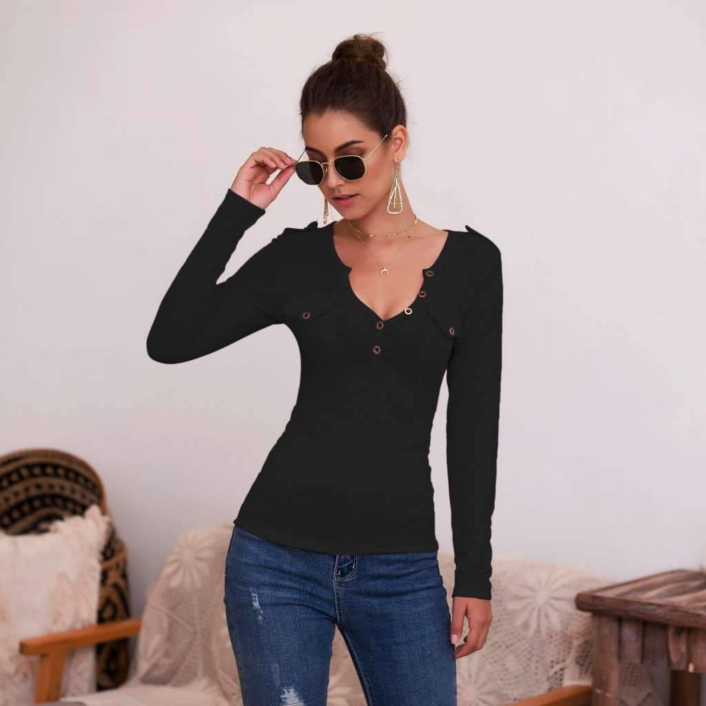 Sexy Pure V neck Fastener Long sleeve T-Shirts