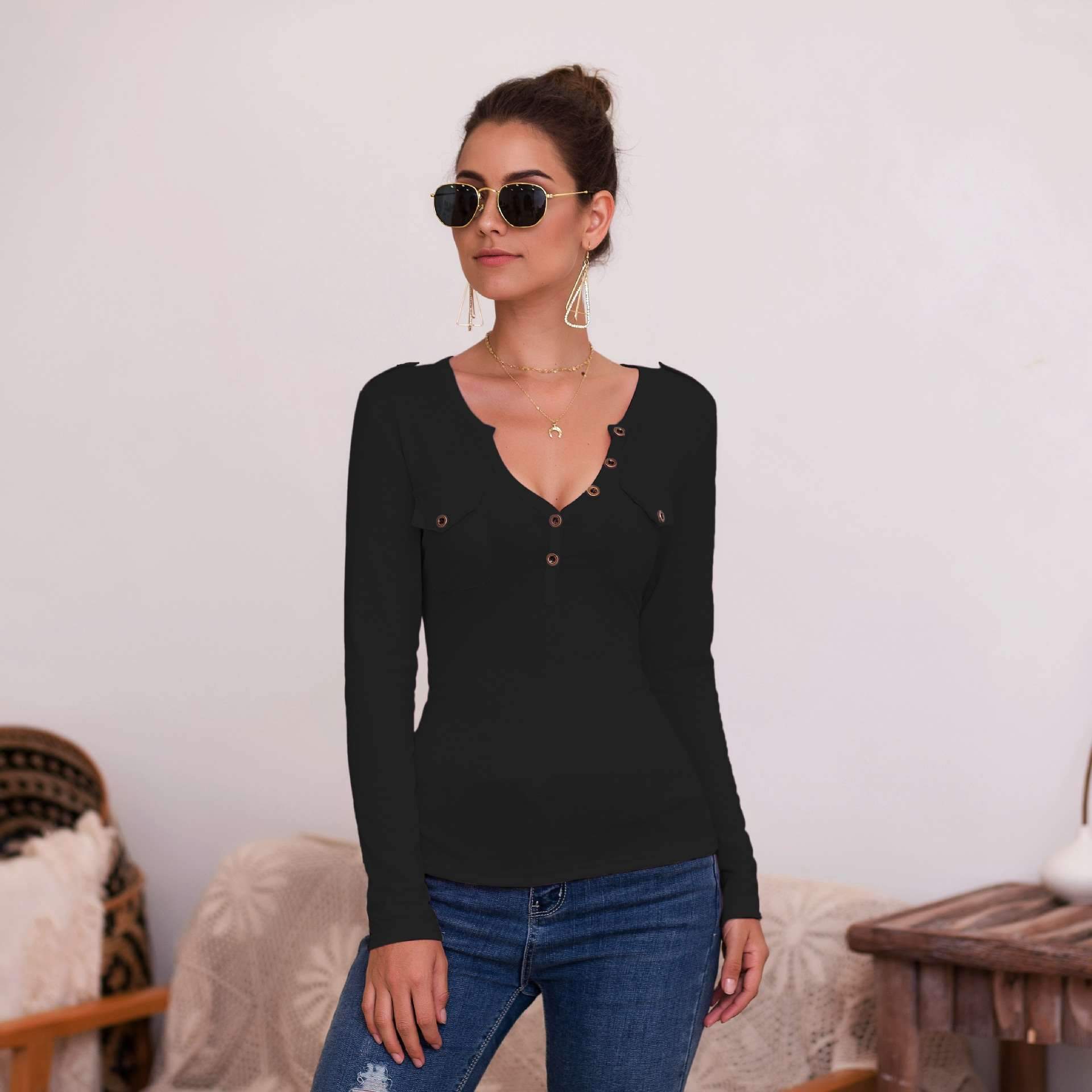 Sexy Pure V neck Fastener Long sleeve T-Shirts