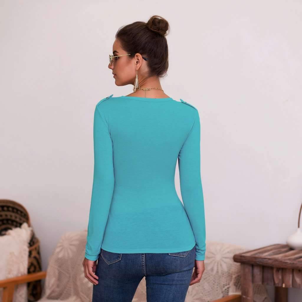 Sexy Pure V neck Fastener Long sleeve T-Shirts