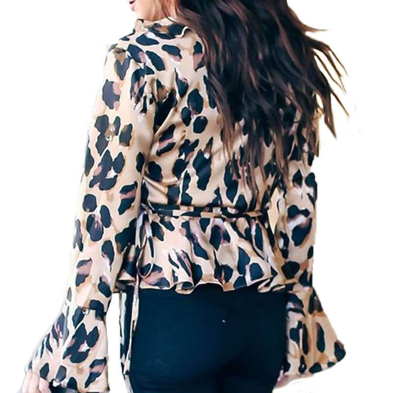 Fashion Leopard print V neck Lacing Mandarin sleeve Blouses