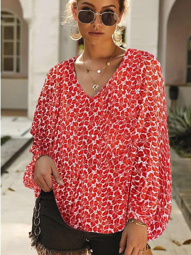 Loose V neck Puff sleeve Print Blouses