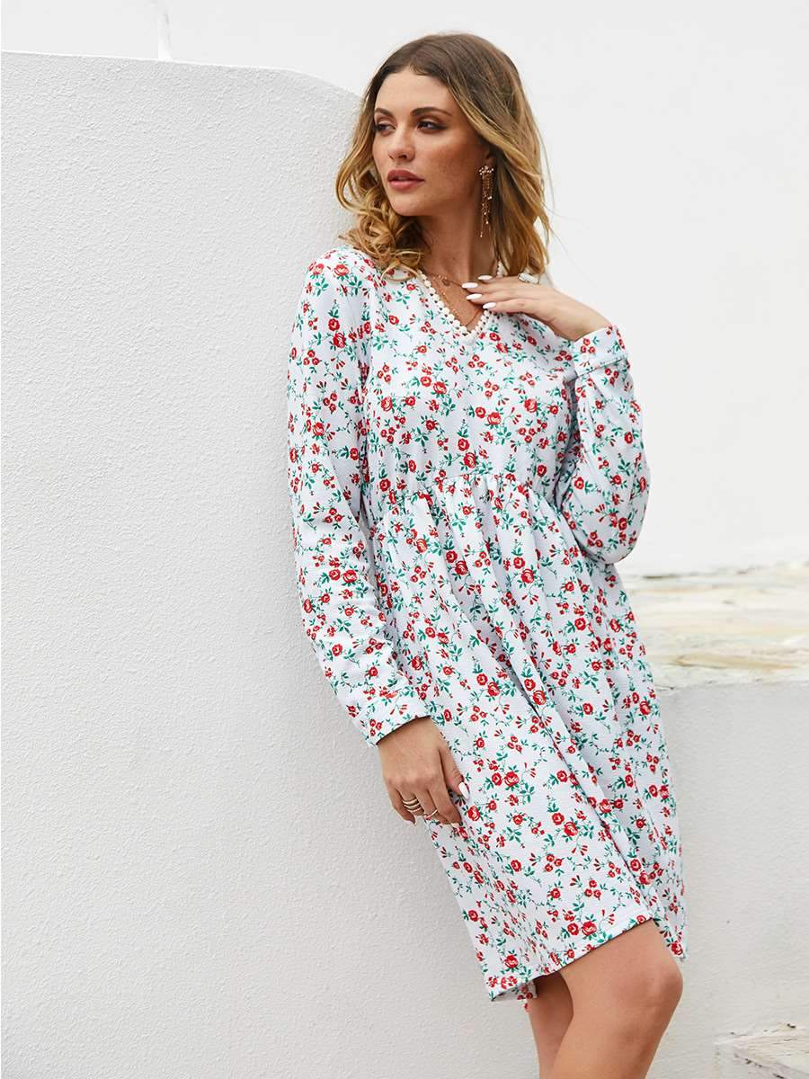 Fashion Loose Print Long sleeve V neck Skater Dresses