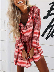 Fashion Print V neck Lacing Long sleeve Shift Dresses