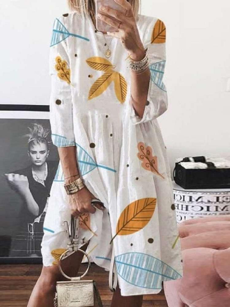 Loose Print Round neck Three quarter sleeve Maxi Dresses