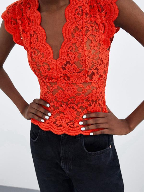 Sexy V Neck Hollow Out Splicing Sleeveless Lace Blouse