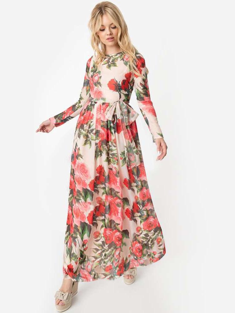 Fashion Print Long sleeve Lacing Maxi Dresses