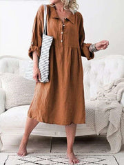 Casual Loose Pure Lapel Fastener Long sleeve Maxi Dresses